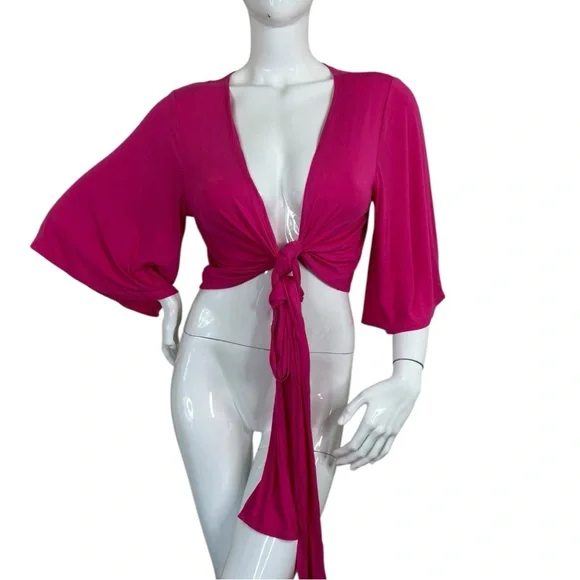 Zenana Chic vibrant Fuchsia Tie-Front blouse shirt swim dopamine wear NWT sz XL - Picture 5 of 13